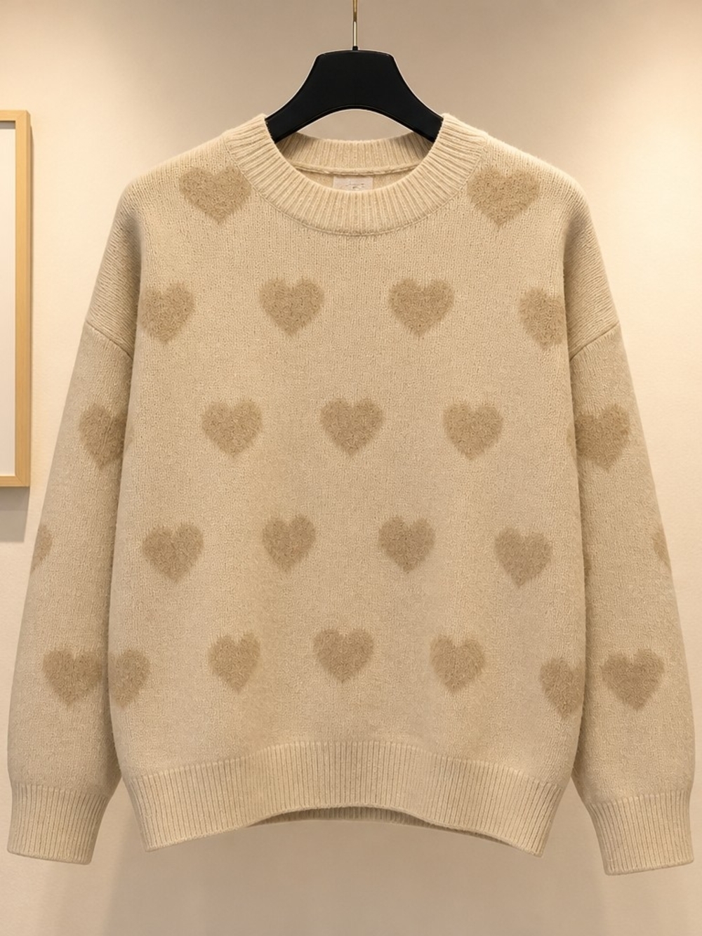 Women's Cream Fuzzy Heart Knit Sweater Soft Cozy Long Sleeve Pullover Size M